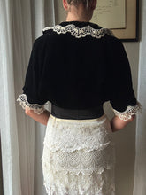 Load image into Gallery viewer, French Vintage Lace Upcycled Black Velvet Cropped Bolero Jacket Union Made