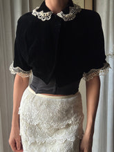 Load image into Gallery viewer, French Vintage Lace Upcycled Black Velvet Cropped Bolero Jacket Union Made
