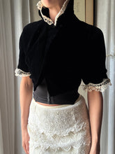 Load image into Gallery viewer, French Vintage Lace Upcycled Black Velvet Cropped Bolero Jacket Union Made