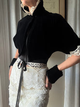Load image into Gallery viewer, French Vintage Lace Upcycled Black Velvet Cropped Bolero Jacket Union Made