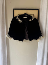 Load image into Gallery viewer, French Vintage Lace Upcycled Black Velvet Cropped Bolero Jacket Union Made