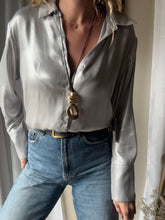 Load image into Gallery viewer, Vintage Y2K Silver Metallic Oversized Button Down Button Up Blouse