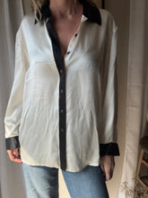 Load image into Gallery viewer, Vintage Deadstock Silk Ivory White Satin Oversized Button Up Blouse Black Collar and Sleeve Cuffs