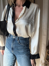 Load image into Gallery viewer, Vintage Deadstock Silk Ivory White Satin Oversized Button Up Blouse Black Collar and Sleeve Cuffs