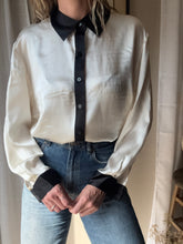 Load image into Gallery viewer, Vintage Deadstock Silk Ivory White Satin Oversized Button Up Blouse Black Collar and Sleeve Cuffs