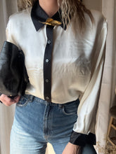 Load image into Gallery viewer, Vintage Deadstock Silk Ivory White Satin Oversized Button Up Blouse Black Collar and Sleeve Cuffs