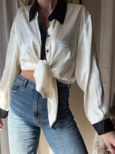 Load image into Gallery viewer, Vintage Deadstock Silk Ivory White Satin Oversized Button Up Blouse Black Collar and Sleeve Cuffs