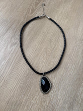 Load image into Gallery viewer, Vintage Y2K Faux Black Woven Leather with Black and Silver Pendant Statement Necklace