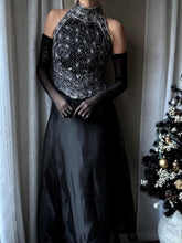 Load image into Gallery viewer, Vintage High Neck Black Silk and Silver Beaded Sequin Halter Top