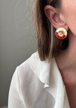 Load image into Gallery viewer, Vintage 80s 90s Nautical Red Cream Gold Ship Wheel Circle Statement Earrings
