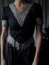 Load image into Gallery viewer, Vintage Black Silk Silver Sequin Beaded Blouse: Short Sleeve