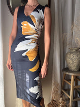 Load image into Gallery viewer, Pretty Secondhand Navy Blue Satin White Orange Large Floral Pattern Long Dress