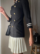 Load image into Gallery viewer, Vintage Blazer Skirt Set: Black & Gold Button, Pleated Mini Skirt