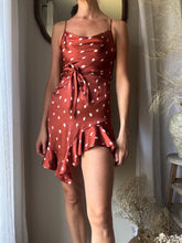 Load image into Gallery viewer, Preloved Animal Print Mini Slip Dress: Cowl Neck Ruffle Hem