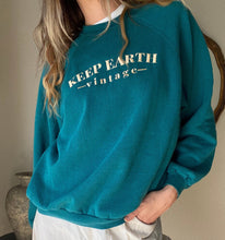 Load image into Gallery viewer, Upcycled Vintage Oversized Teal Long Sleeve Raglan Sweatshirt Beige Keep Earth Vintage Logo