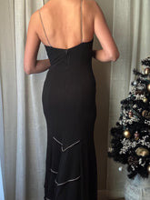 Load image into Gallery viewer, Vintage Rhinestone Strap Long Black Deep Back Dress Gown with Train Made in USA