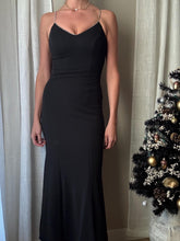Load image into Gallery viewer, Vintage Rhinestone Strap Long Black Deep Back Dress Gown with Train Made in USA