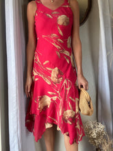Load image into Gallery viewer, Vintage Red and Beige Floral Dress with Asymmetrical Ruffle Hem