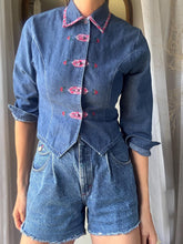 Load image into Gallery viewer, Vintage Denim Plaid Embroidered Shirt - Frog Closure - Napa Valley Petites