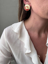 Load image into Gallery viewer, Vintage 80s 90s Nautical Red Cream Gold Ship Wheel Circle Statement Earrings