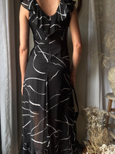 Load image into Gallery viewer, Vintage Y2K DKNY Black White Abstract Pattern Ruffle Hem Maxi Dress