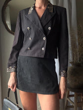 Load image into Gallery viewer, Vintage 80s 90s Cropped Black Double Breasted Blazer Gold Embellished Collar Cuff Detail
