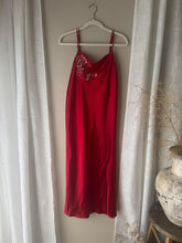 Load image into Gallery viewer, Vintage Oscar de la Renta Red Satin Slip Dress Floral Embroidery Detail