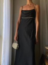 Load image into Gallery viewer, Vintage Cowl Neck Black Dress Spaghetti Straps Rhinestone Waist Made in USA
