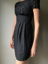 Load image into Gallery viewer, Vintage Classic Black Short Sleeve Sparkly Velvet Polka Dot Bow Empire Waist Dress Petite