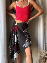 Load image into Gallery viewer, Vintage Semi Black White Red Abstract Pattern Scarf Wrap Skirt with Fringe Natural Rayon
