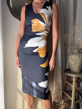 Load image into Gallery viewer, Pretty Secondhand Navy Blue Satin White Orange Large Floral Pattern Long Dress