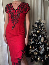 Load image into Gallery viewer, Vintage Silk Red and Black Beaded Dress Asymmetrical Hem