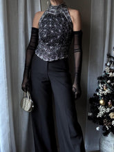 Load image into Gallery viewer, Vintage High Neck Black Silk and Silver Beaded Sequin Halter Top