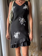 Load image into Gallery viewer, Vintage Black White Floral Lace Dress with Asymmetrical Ruffle Hem Made in USA
