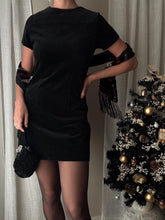 Load image into Gallery viewer, Classic Vintage Black Velvet Cotton Short Sleeve Modest LBD Dress
