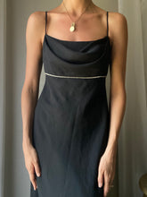 Load image into Gallery viewer, Vintage Cowl Neck Black Dress Spaghetti Straps Rhinestone Waist Made in USA