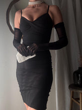 Load image into Gallery viewer, Vintage Ruched Bodycon Dress: Black Cotton Blend Spaghetti Strap