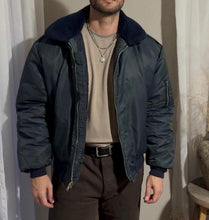 Load image into Gallery viewer, Vintage Timber King Mens Bomber Flight Jacket Navy Blue Faux Fur Collar Zipper Front