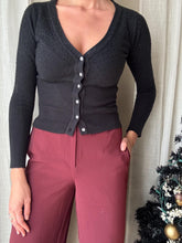 Load image into Gallery viewer, Vintage Pure Cashmere Soft Black Cardigan with Beading and Rhinestone Buttons