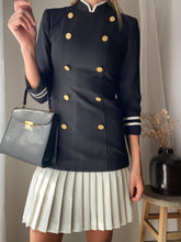 Load image into Gallery viewer, Vintage Blazer Skirt Set: Black & Gold Button, Pleated Mini Skirt