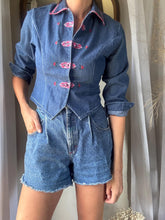Load image into Gallery viewer, Vintage Denim Plaid Embroidered Shirt - Frog Closure - Napa Valley Petites