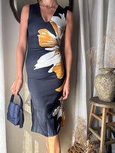 Load image into Gallery viewer, Pretty Secondhand Navy Blue Satin White Orange Large Floral Pattern Long Dress
