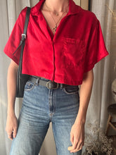 Load image into Gallery viewer, Vintage Nordstrom Boxy Red Satin Short Sleeve Button Up