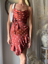 Load image into Gallery viewer, Preloved Animal Print Mini Slip Dress: Cowl Neck Ruffle Hem