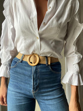 Load image into Gallery viewer, Vintage 90s Natural Thick Woven Stretchy Straw Wax Belt Wood Circle Buckle