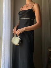 Load image into Gallery viewer, Vintage Cowl Neck Black Dress Spaghetti Straps Rhinestone Waist Made in USA