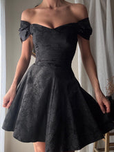 Load image into Gallery viewer, Vintage Black Floral Jacquard Dress: Off-Shoulder Fit & Flare, Made in USA