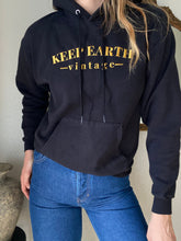 Load image into Gallery viewer, Upcycled Vintage Black Hoodie Sweatshirt Gold Keep Earth Vintage Logo