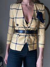 Load image into Gallery viewer, Vintage Yellow Black Plaid Blazer Padded Shoulders Petite