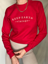 Load image into Gallery viewer, Upcycled Vintage Bright Cherry Red Sweatshirt with Beige Keep Earth Vintagen Embroidered Logo